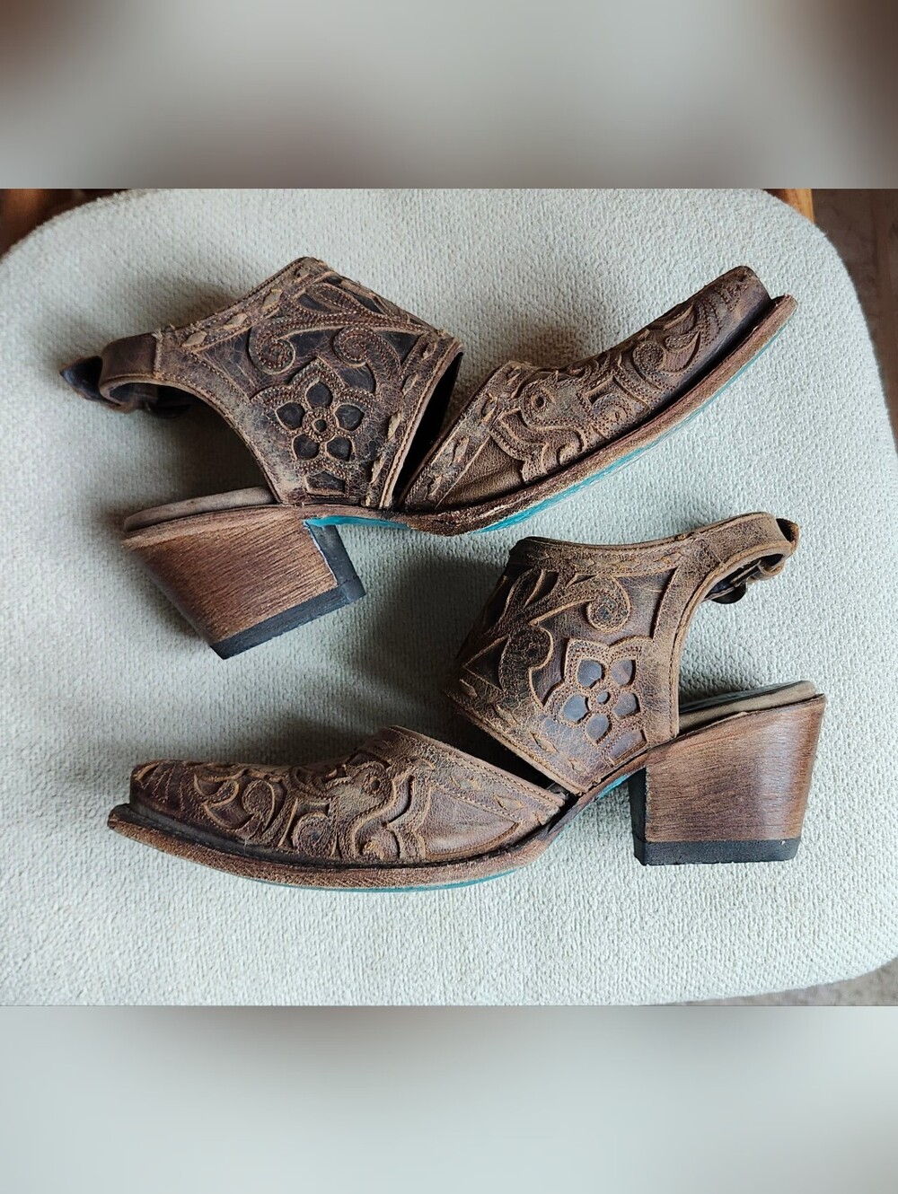 Lane Robin Distressed Leather Overlay Slingback Mules Sz 10 - Picture 2 of 10